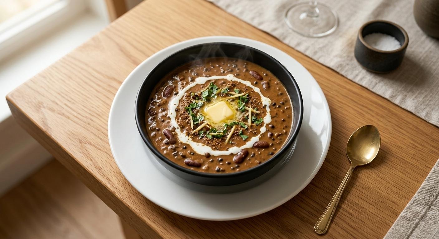 Dal makhani in a black bowl with cream, butter and cilantro