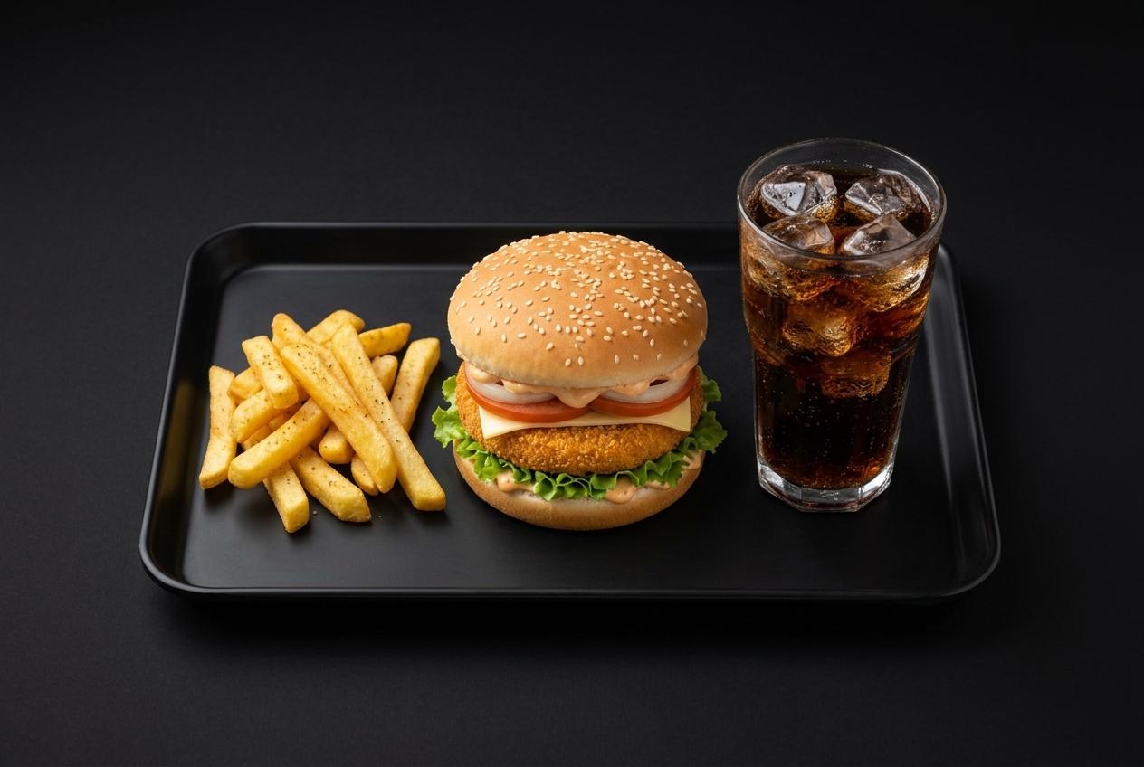 Crispy veg burger with french fries and a glass of cola