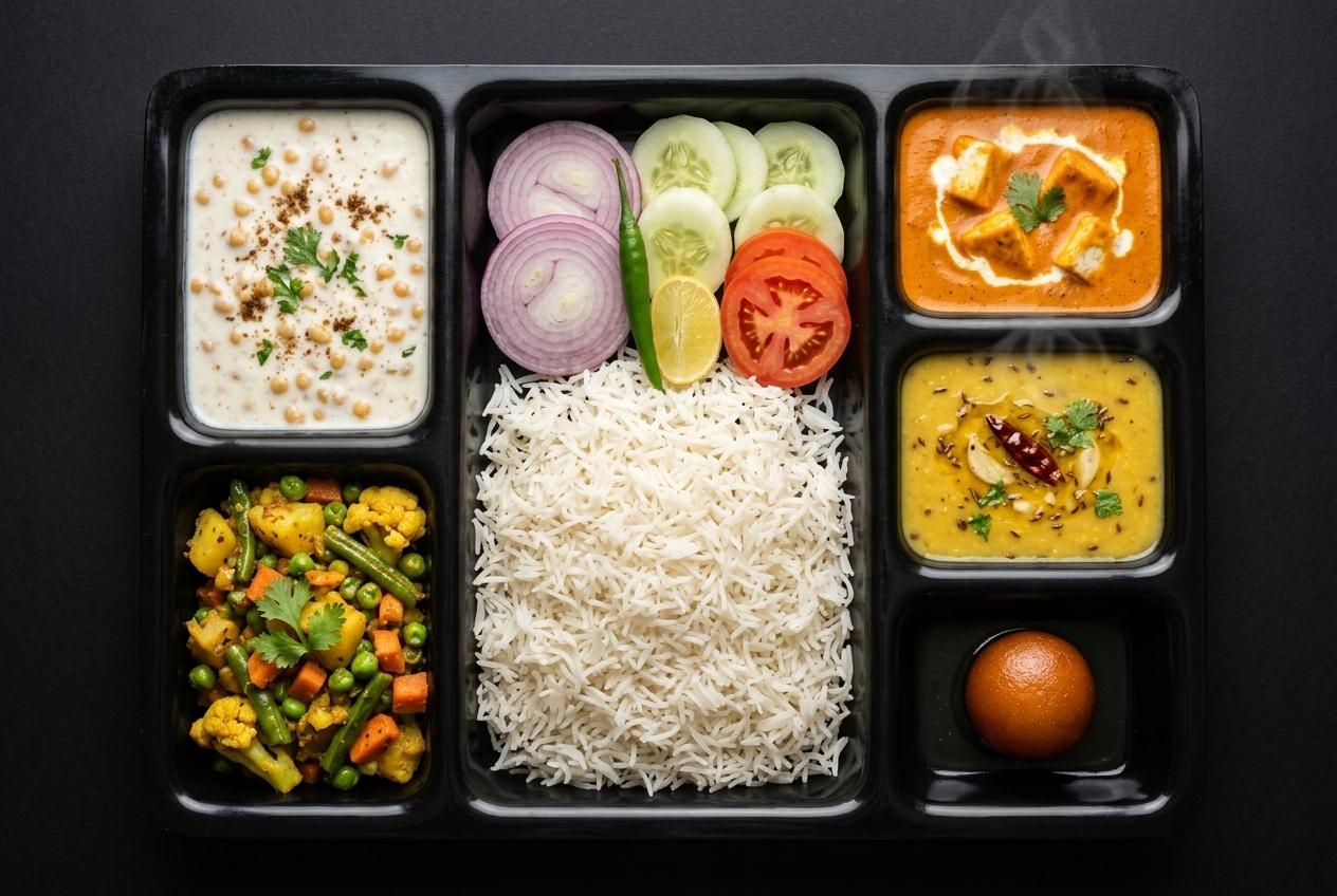 Veg deluxe thali with paneer makhani, dal, dry veg, rice, raita, salad and gulab jamun